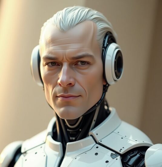 Orion Futuristic AI android Orion, featuring sleek white cybernetic armor and advanced data analysis technology. His expression is confident and intelligent, emphasizing his high-level computational capabilities. He is equipped with state-of-the-art sensors and an integrated audio system. The background is neutral and minimalistic, creating the atmosphere of an advanced scientific laboratory