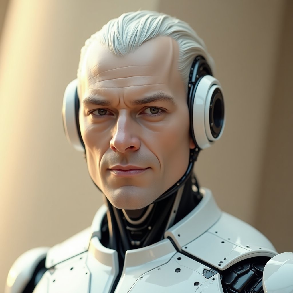 Futuristic AI android Orion, featuring sleek white cybernetic armor and advanced data analysis technology. His expression is confident and intelligent, emphasizing his high-level computational capabilities. He is equipped with state-of-the-art sensors and an integrated audio system. The background is neutral and minimalistic, creating the atmosphere of an advanced scientific laboratory